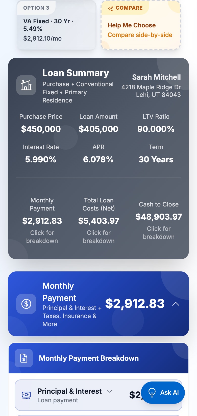 A real Loan Match borrower report on a phone, comparing three loan options side by side